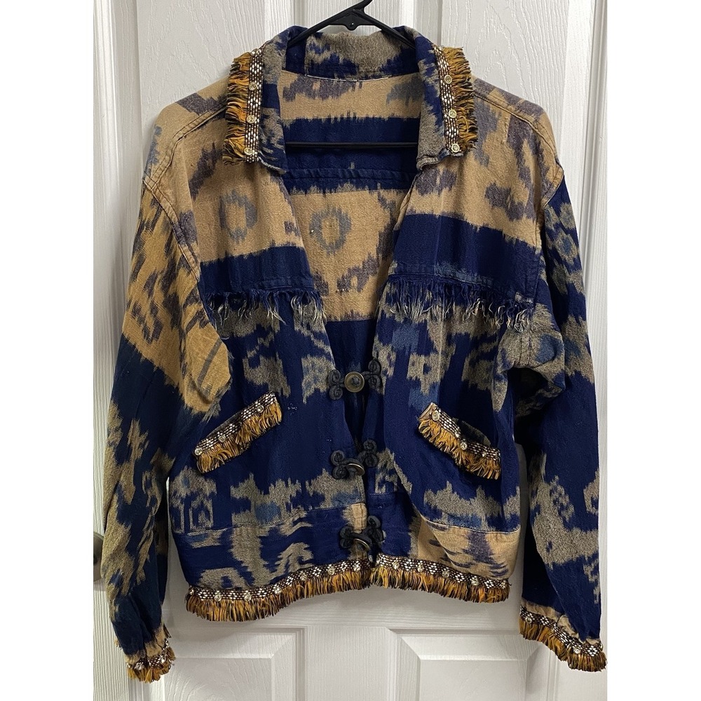 Vtg 90s DDB Ikat Tapestry South Western Jacket Country Boxy Blue/Gold Tribal L